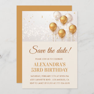 Modern Gold Balloons Save the date 53rd birthday Invitation