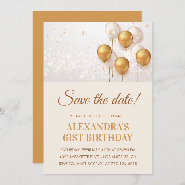 Modern Gold Balloons Save the date 61st birthday Invitation (Front/Back)