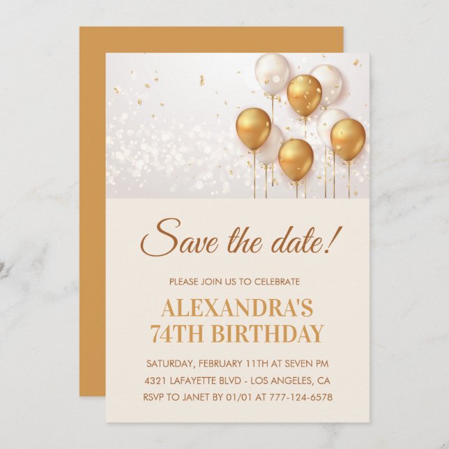 Modern Gold Balloons Save the date 74th birthday Invitation (Front/Back)