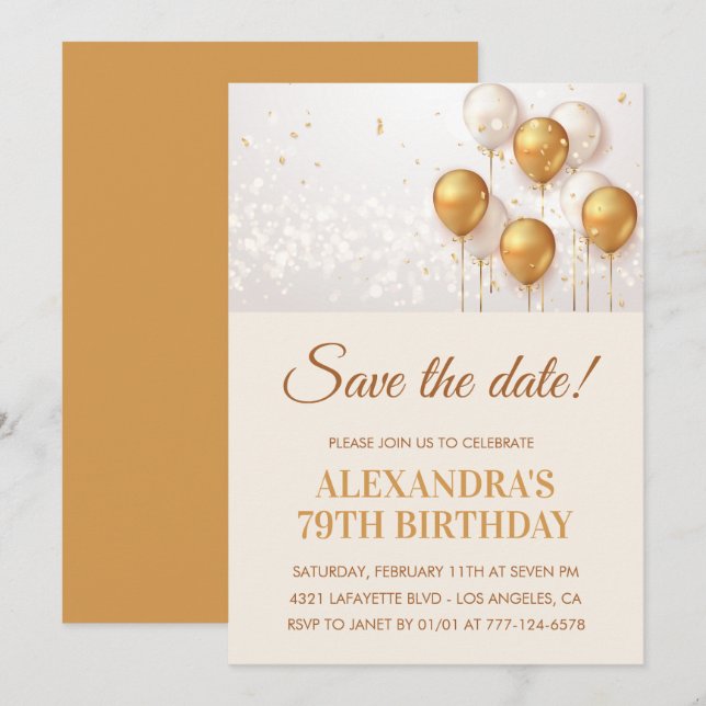 Modern Gold Balloons Save the date 79th birthday Invitation (Front/Back)