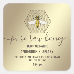 Modern gold bee  honey comb honey jar square sticker