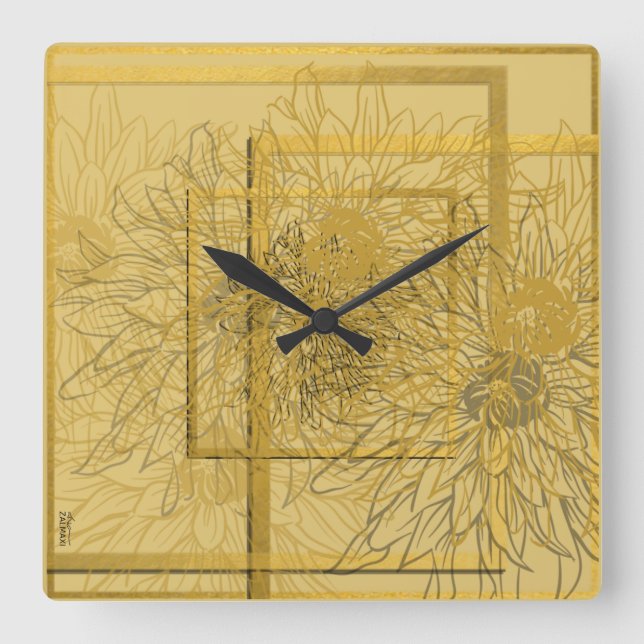 Modern Gold Beige Abstract Floral Square Wall Clock (Front)