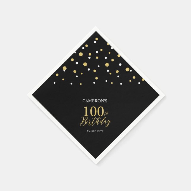 Modern Gold & Black 100th Birthday Party Napkins (Corner)