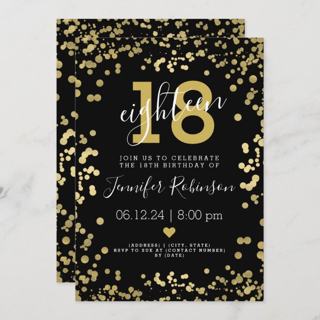 Modern Gold & Black 18th Birthday Party  Foil Dots Invitation (Front/Back)