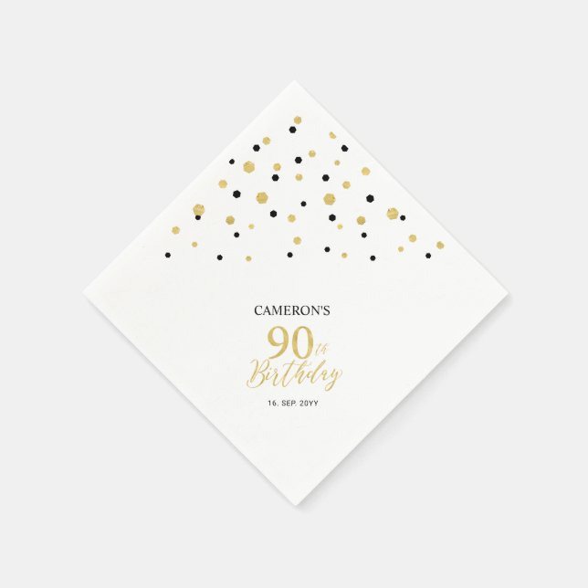 Modern Gold & Black 90th Birthday Party Napkins (Corner)