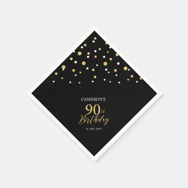Modern Gold & Black 90th Birthday Party Napkins (Corner)