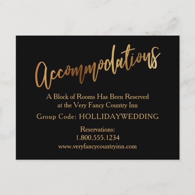 Modern Gold & Black Accommodations Enclosure Card (Front)