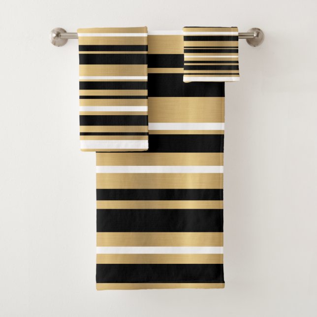 Modern Gold Black and White Striped Towels (Insitu)