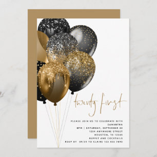 Modern Gold Black Balloons 21st Party Invitation