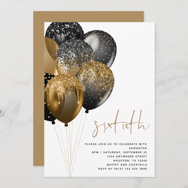 Modern Gold Black Balloons 60th Birthday Party Invitation (Front/Back)