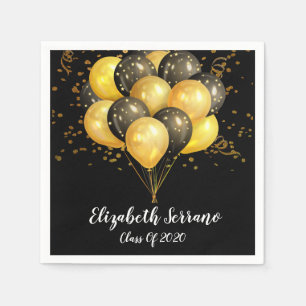 Modern Gold Black Balloons Confetti Grad Party Napkin