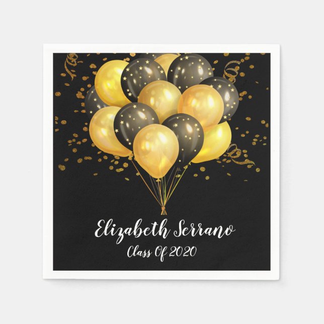 Modern Gold Black Balloons Confetti Grad Party Napkin (Front)