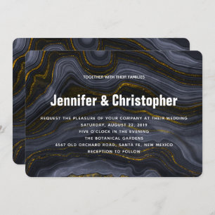 Modern Gold Black Blue-Grey Agate Abstract Wedding Invitation