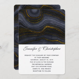 Modern Gold Black Blue-Grey Agate Abstract Wedding Invitation