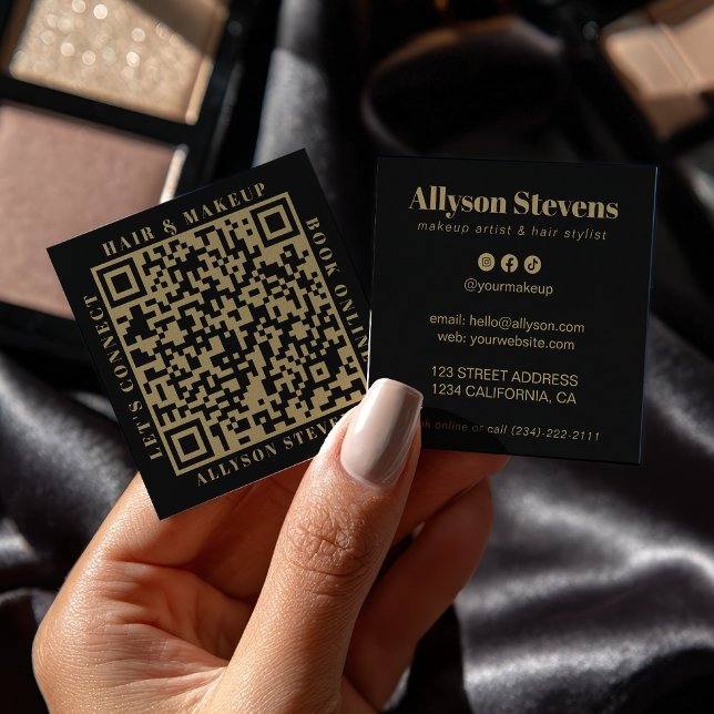 Modern Gold Black Bold QR Code Hair & Makeup Square Business Card (Modern Gold Black Bold QR Code Hair & Makeup Square Business Card)
