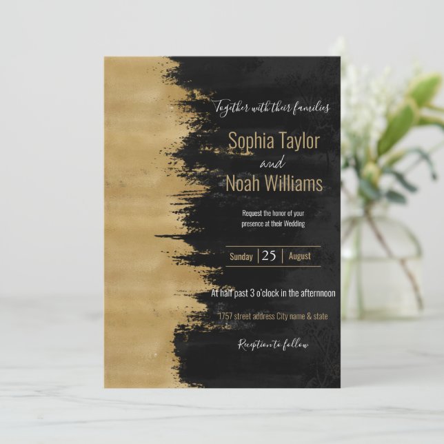 Modern Gold Black Brushstrokes Abstract Painting  (Standing Front)