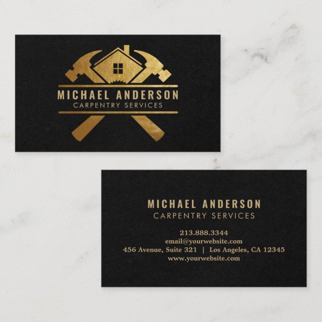 Modern Gold & Black Carpentry Service and Handyman Business Card (Front/Back)