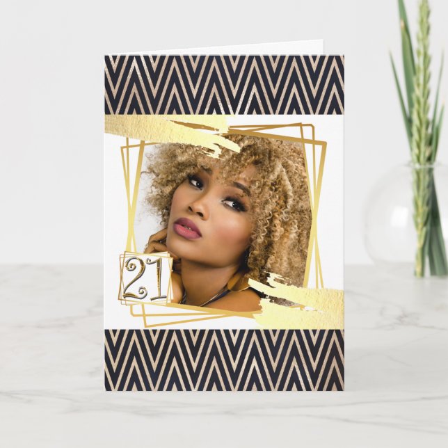 Modern gold black chevron abstract shape 21st card (Front)