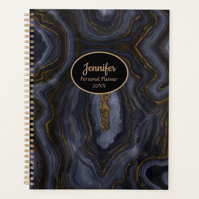 Modern Gold & Black Crystal Agate Personalise Planner (Front)