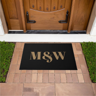 Modern gold black custom couple monogram initials doormat
