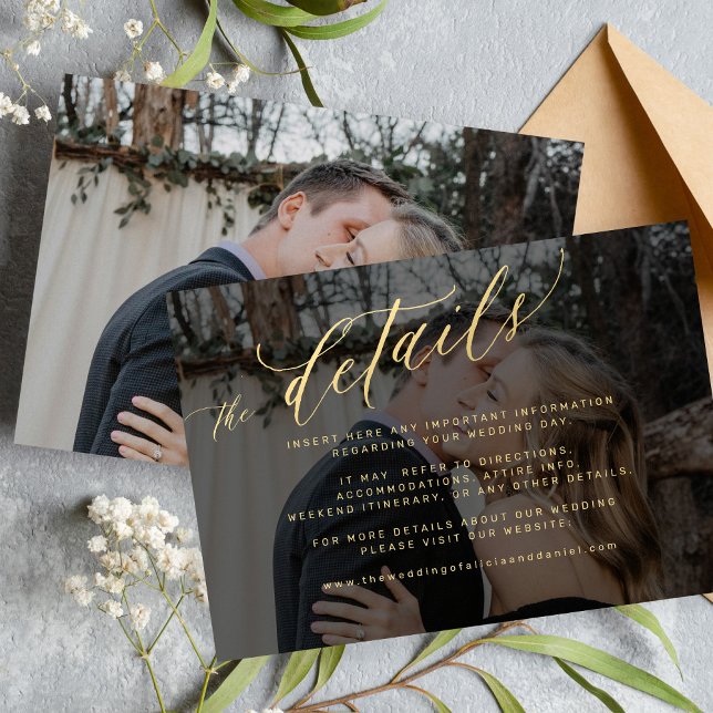 Modern gold black faded photo wedding details enclosure card (Creator Uploaded)