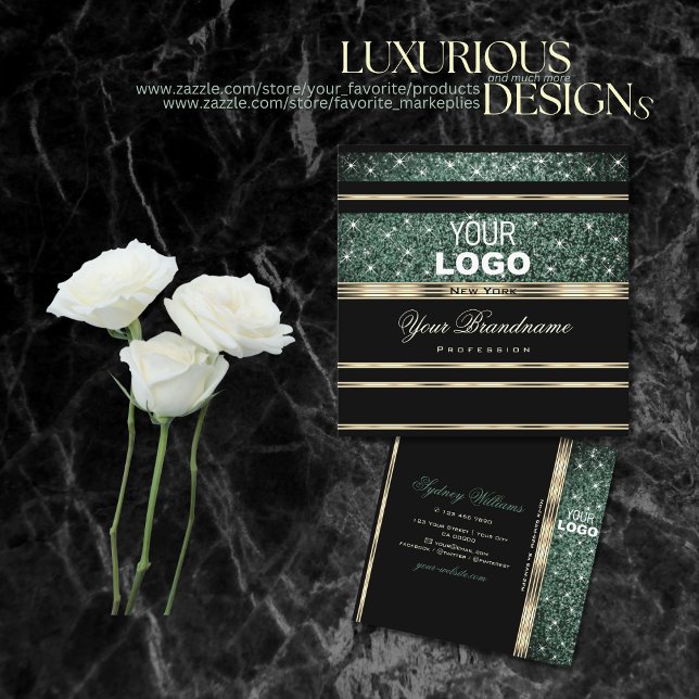 Modern Gold Black Forest Green Glitter add Logo Square Business Card (Creator Uploaded)