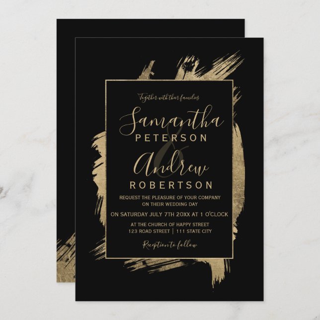 Modern gold black frame typography wedding invitation (Front/Back)