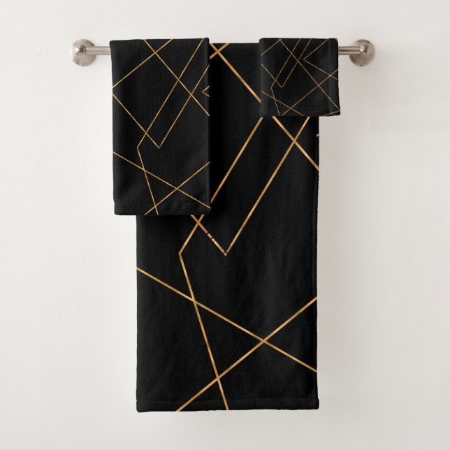 Modern Gold & Black Geometric Strokes Design Bath Towel Set (Insitu)