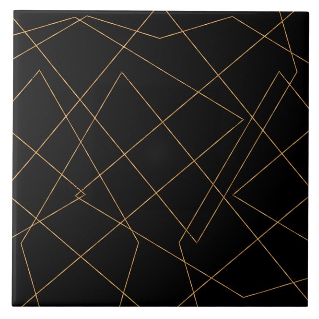 Modern Gold & Black Geometric Strokes Design Ceramic Tile (Front)
