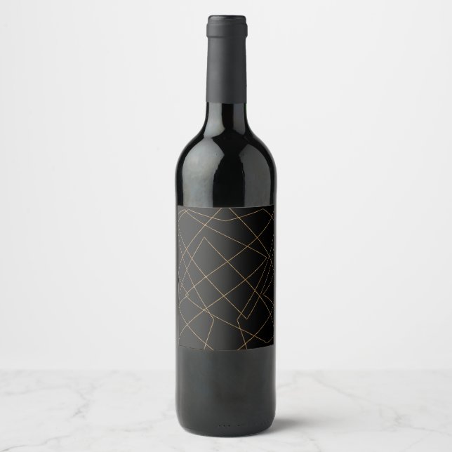 Modern Gold & Black Geometric Strokes Design Wine Label (Front)