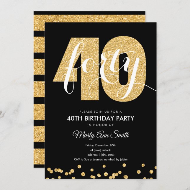 Modern Gold & Black Glitter 40th Birthday Party Invitation (Front/Back)