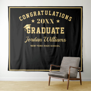 Modern Gold Black Graduation Photo Booth Backdrop Tapestry