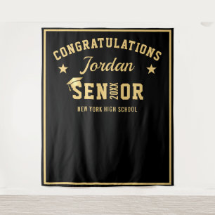 Modern Gold Black Graduation Photo Booth Backdrop Tapestry