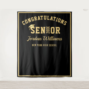 Modern Gold Black Graduation Photo Booth Backdrop Tapestry