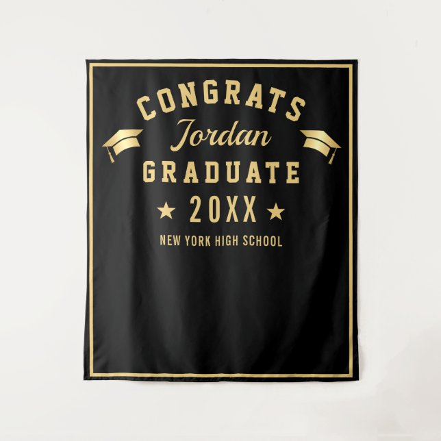 Modern Gold Black Graduation Photo Booth Backdrop Tapestry (Front)