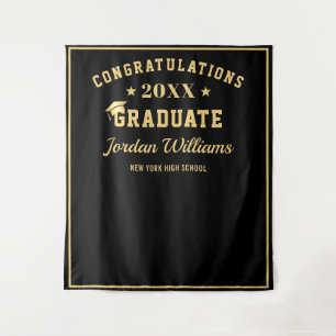 Modern Gold Black Graduation Photo Booth Backdrop Tapestry