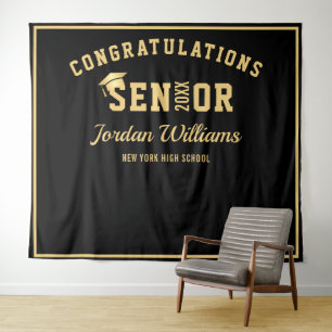 Modern Gold Black Graduation Photo Booth Backdrop Tapestry