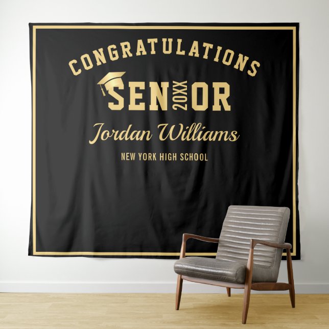 Modern Gold Black Graduation Photo Booth Backdrop Tapestry (In Situ (Horizontal))