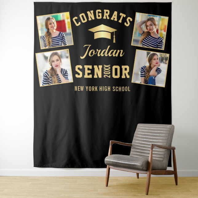 Modern Gold Black Graduation Photo Booth Backdrop Tapestry (In Situ)