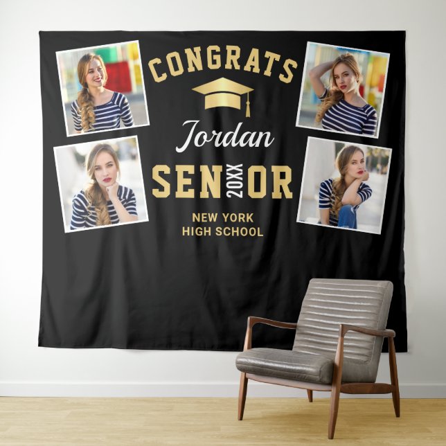 Modern Gold Black Graduation Photo Booth Backdrop Tapestry (In Situ (Horizontal))