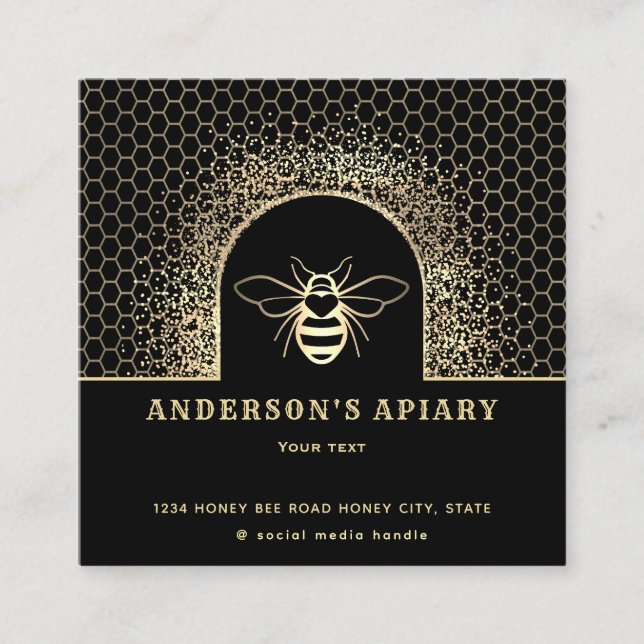 Modern gold black honey apiary beekeepers  square business card (Front)