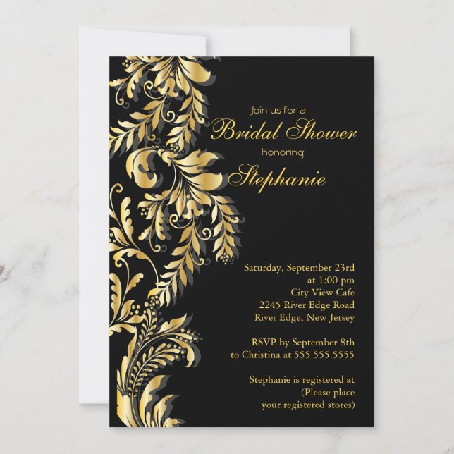 Modern Gold Black Leaf Swirl Bridal Shower Invitation (Front)