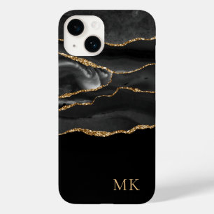 Modern Gold & Black Marble Agate Monogram Case-Mate iPhone 14 Case
