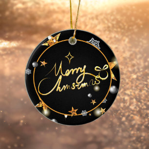 Modern Gold Black Metallic Stars Merry Christmas Ceramic Ornament