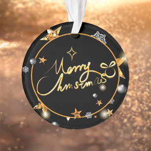 Modern Gold Black Metallic Stars Merry Christmas Ornament