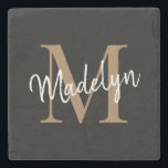 Modern Gold Black Monogram Feminine Script Name Stone Coaster<br><div class="desc">Modern Gold Black Monogram Feminine Script Name Stone Coaster. Easily personalise this modern elegant stone coaster with your custom monogram and name.</div>