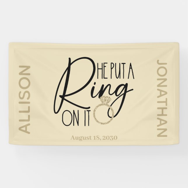 Modern Gold Black Name He put a Ring on it   Banner (Horizontal)