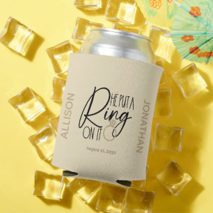 Modern Gold Black Name He put a Ring on it Can Cooler
