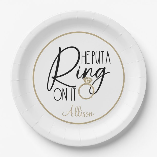 Modern Gold Black Name He put a Ring on it   Paper Plate (Front)