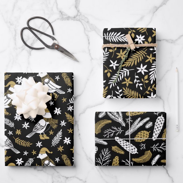 Modern Gold Black Partridge Pine Cones Botanical Wrapping Paper Sheet (Front)